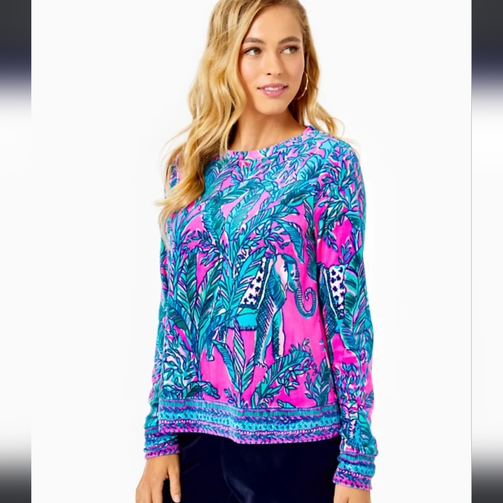 LILLY PULITZER Pink & Blue Asian Elephant Print Valour Sweatshirt.  Large